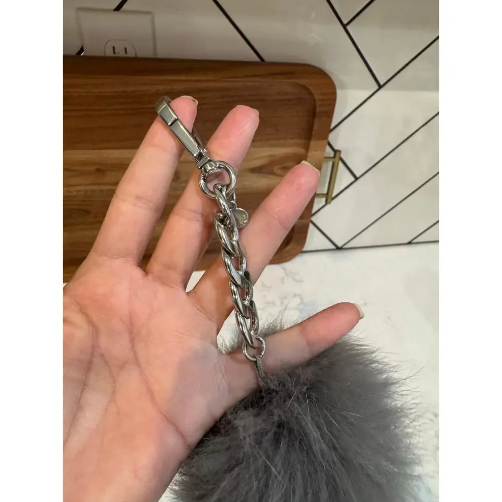 Michael Kors Large Fur Pom Pom Bag Charm keychain neutral glam silver tone